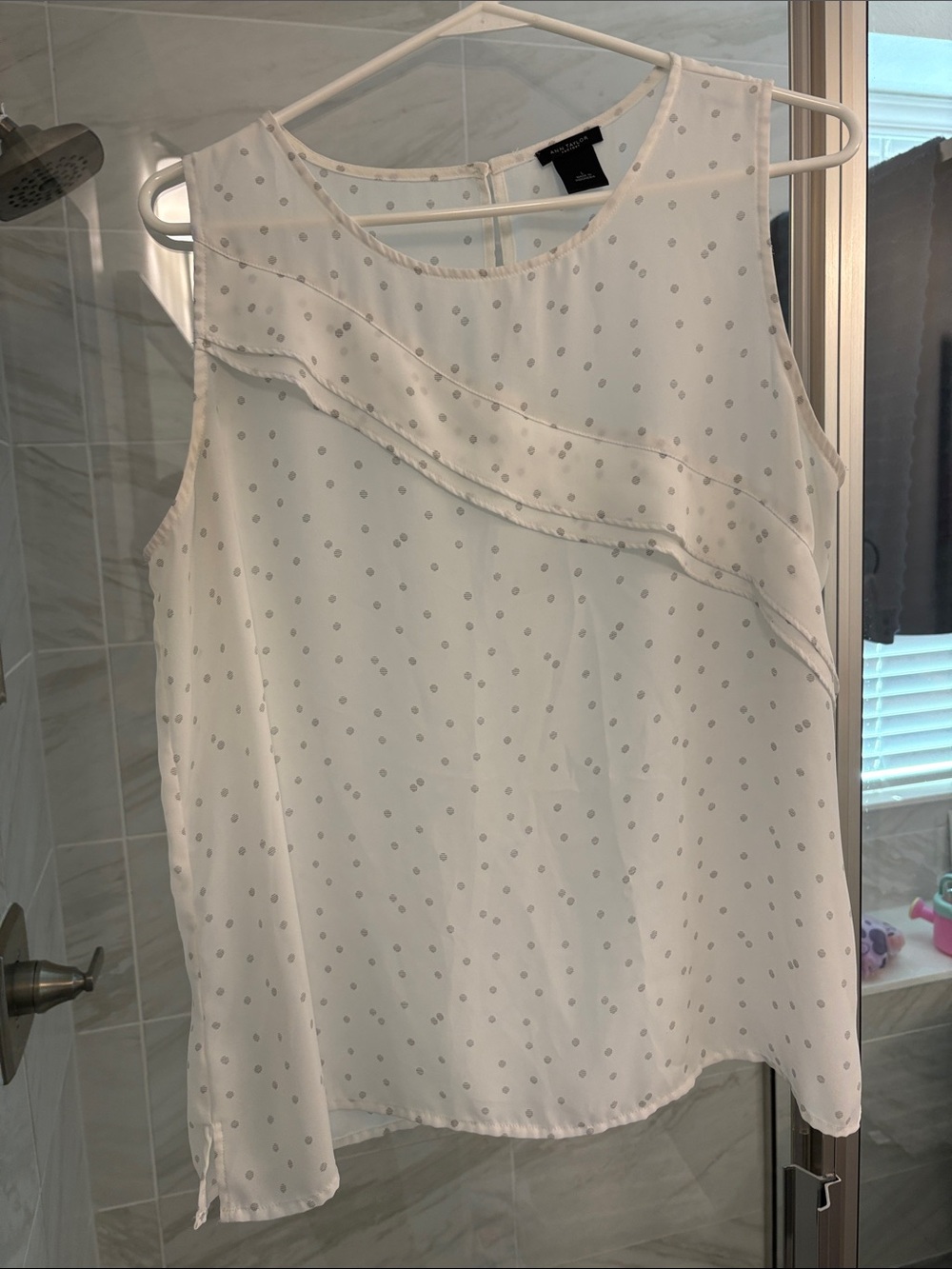 Ann Taylor White Sleeveless Ruffle Dot Blouse